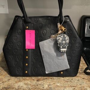 Betsey Johnson Skull-Embossed Tote Bag with Skull Key Charm